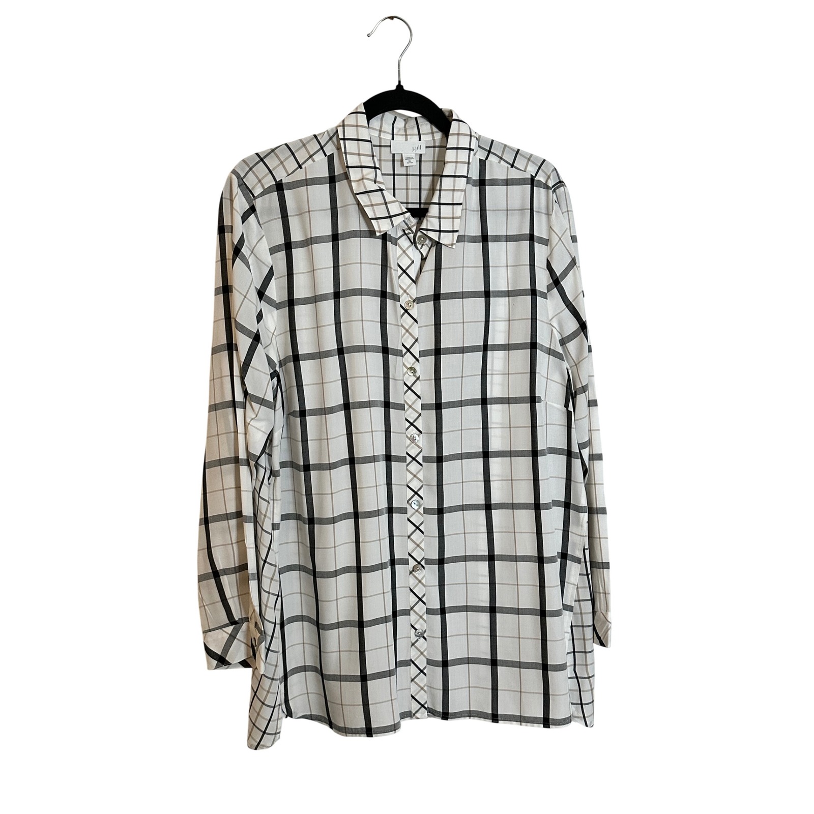 J. Jill Long Sleeve Shirt Size Xl Petite Black White Tan Windowpane Plaid New